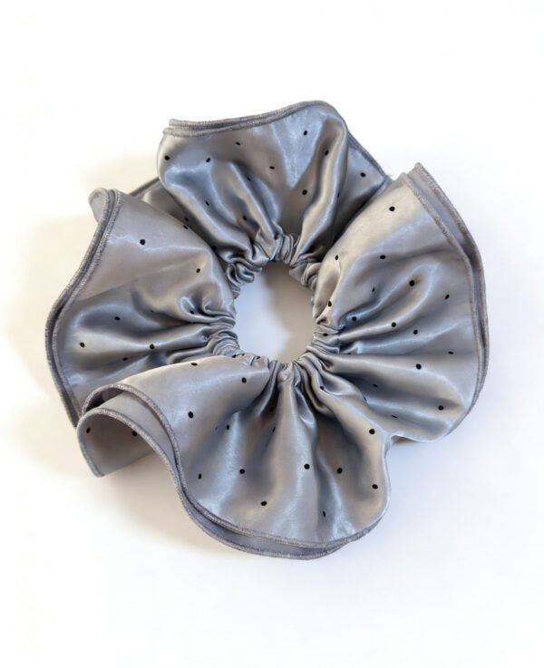 Luxury Silver Gray Satin Scrunchie: Oversized Black Polka Dot Hair Accessory for Chic Hairstyles