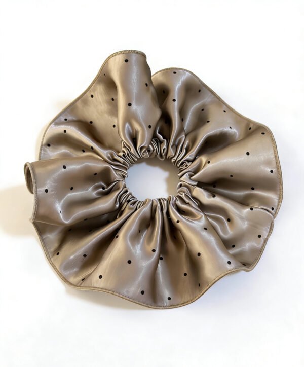 Luxury Champagne Beige Satin Scrunchie: Oversized Black Polka Dot Hair Accessory for Chic Hairstyles