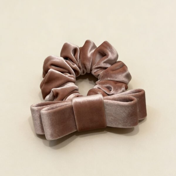 Luxe Misty Blush Brown Scrunchie with Bow – Elegant Hair Accessory for Daily & Special Occasions