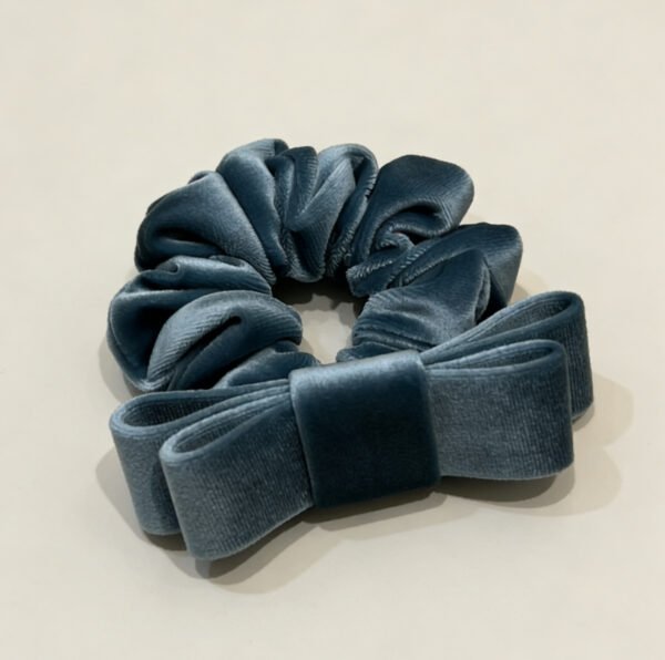 Luxe Slate Blue Velvet Scrunchie with Bow – Elegant Hair Accessory for Daily & Special Occasions