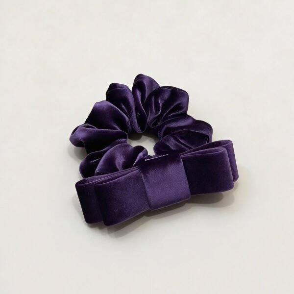 Luxe Purple Velvet Scrunchie with Bow – Elegant Hair Accessory for Daily & Special Occasions